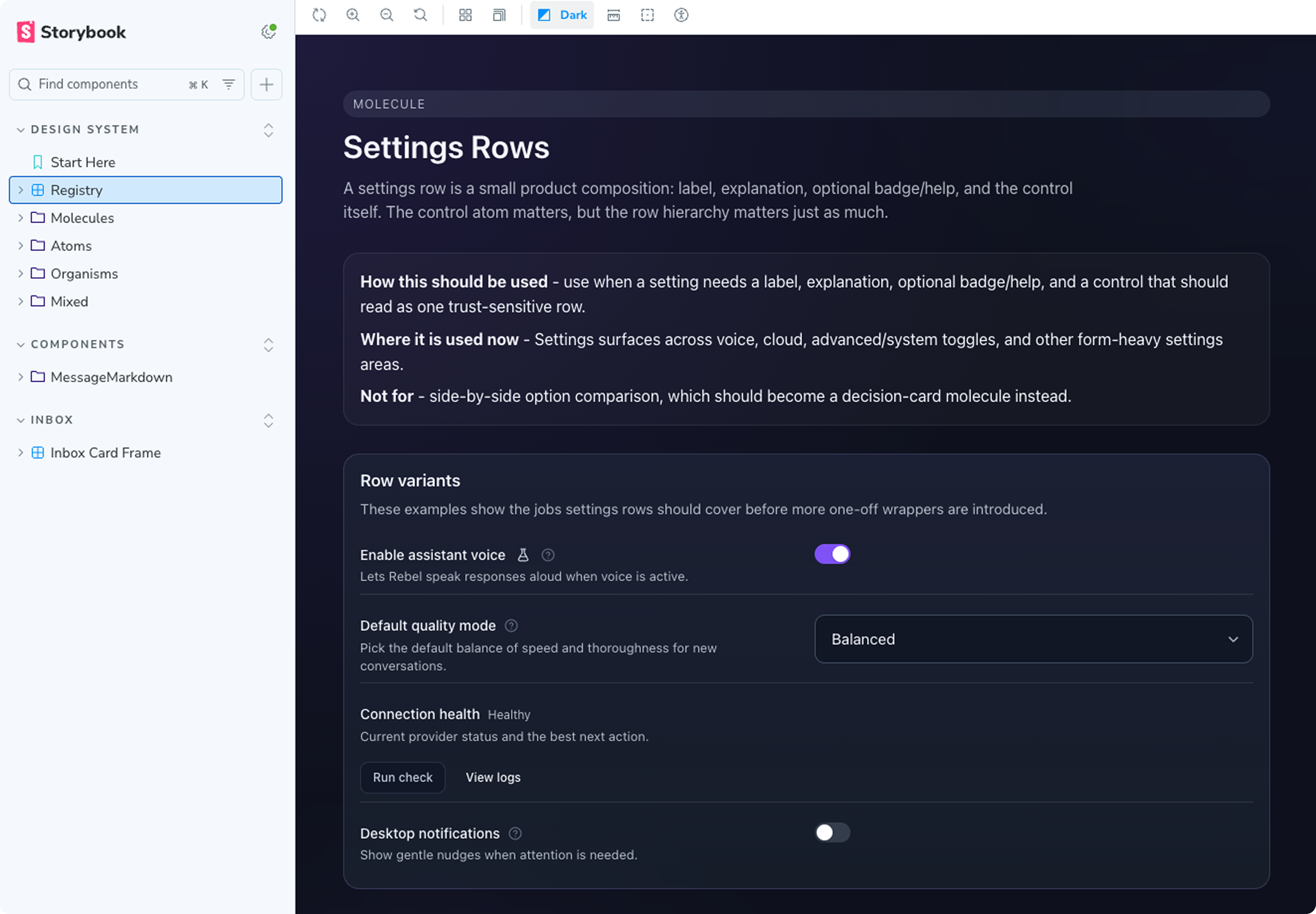 Storybook preview for Settings Rows, showing guidance for usage and row variants such as assistant voice, quality mode, connection health, and desktop notifications.