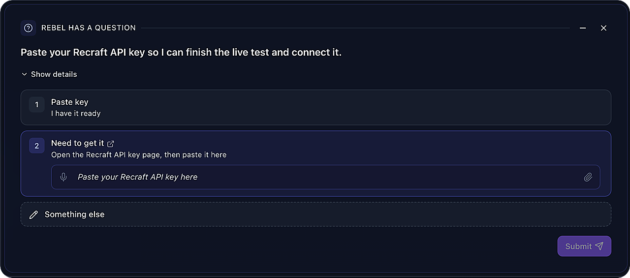Rebel asks for the Recraft API key so it can finish the live test and connect the tool.