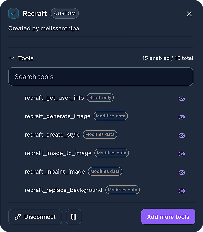 Rebel connector settings panel for Recraft, showing fifteen enabled tools and tool permission labels.