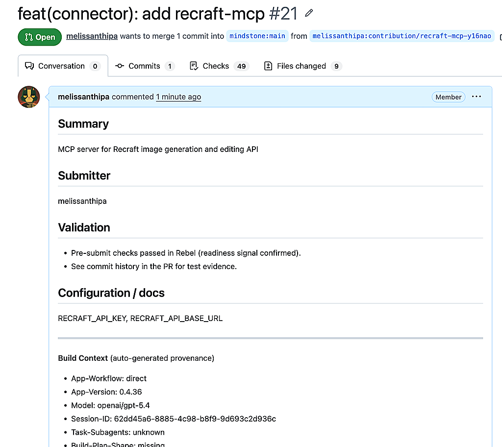 GitHub pull request titled feat connector add recraft MCP, open status, checks, and generated summary.