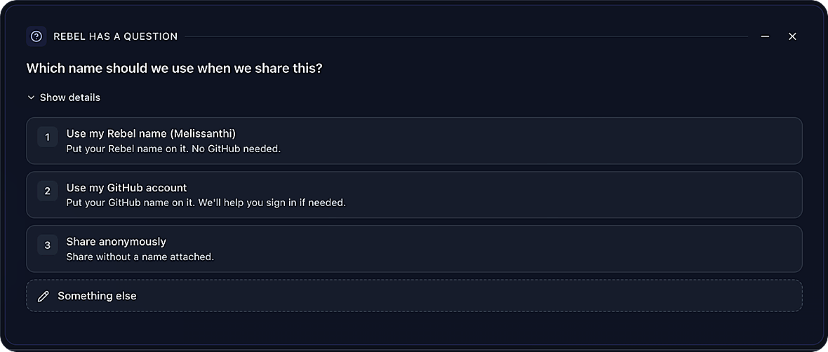 Rebel asks which name to use when sharing the connector, including Rebel name, GitHub account, and anonymous options.