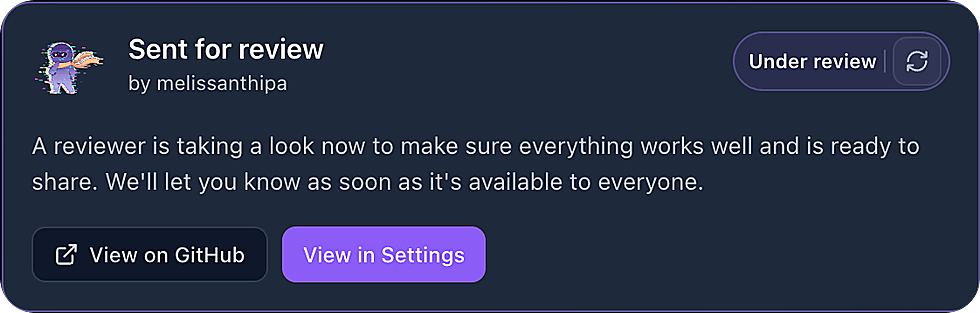 Rebel sent-for-review card with under-review status and buttons to view on GitHub or in Settings.