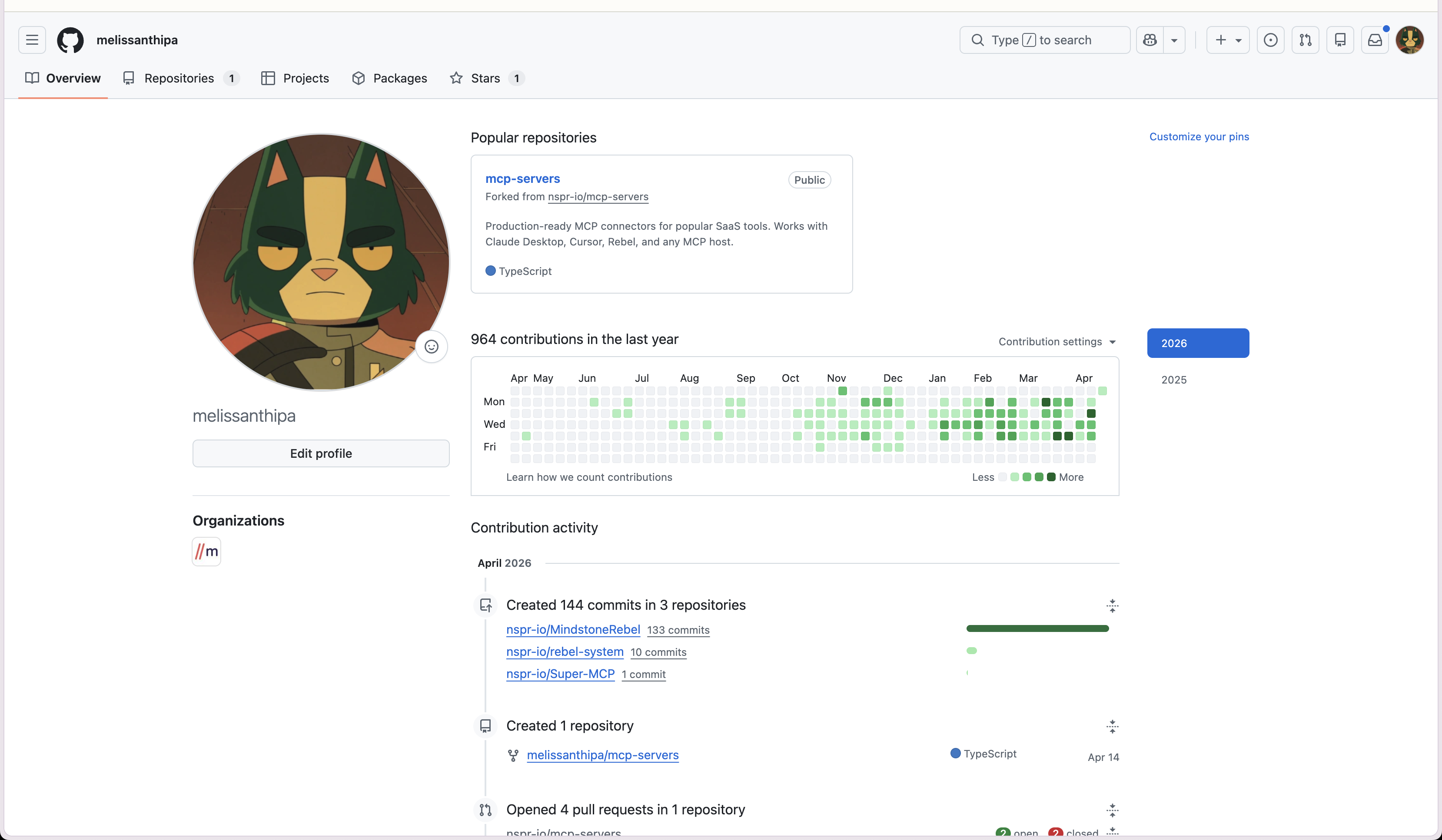 GitHub profile: 964 contributions in the last year, 144 commits in April across three Rebel repos