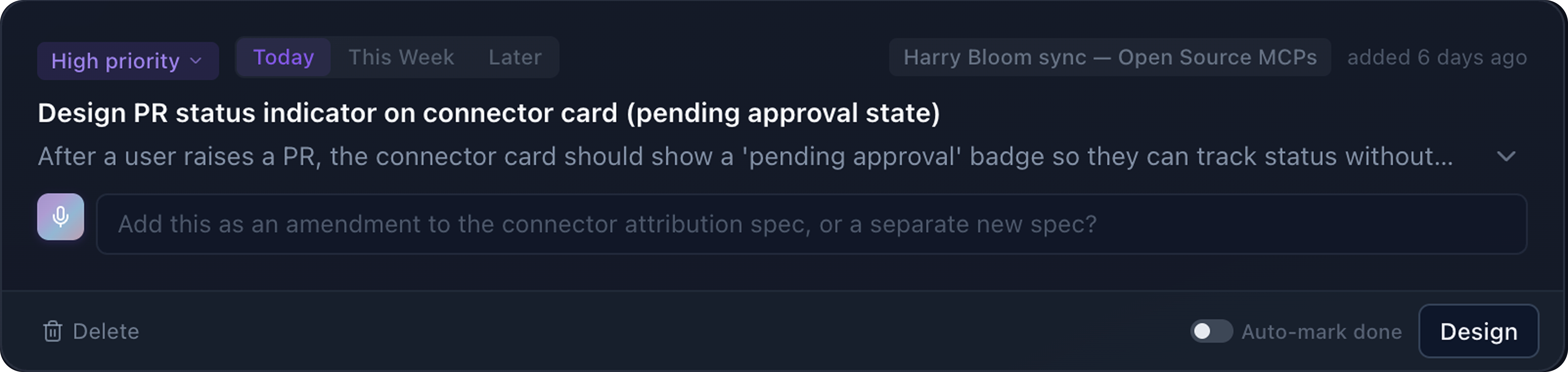 Action card: Design PR status indicator on connector card, pending approval state