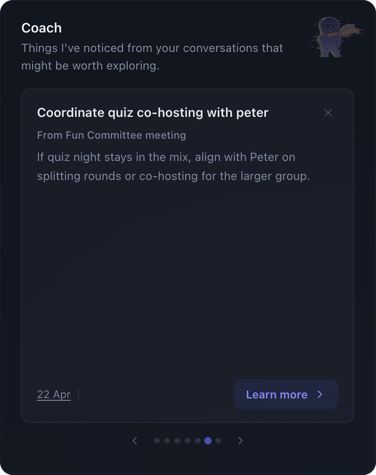 Coach widget: Rebel suggests a small next move, here 'Coordinate quiz co-hosting with Peter'