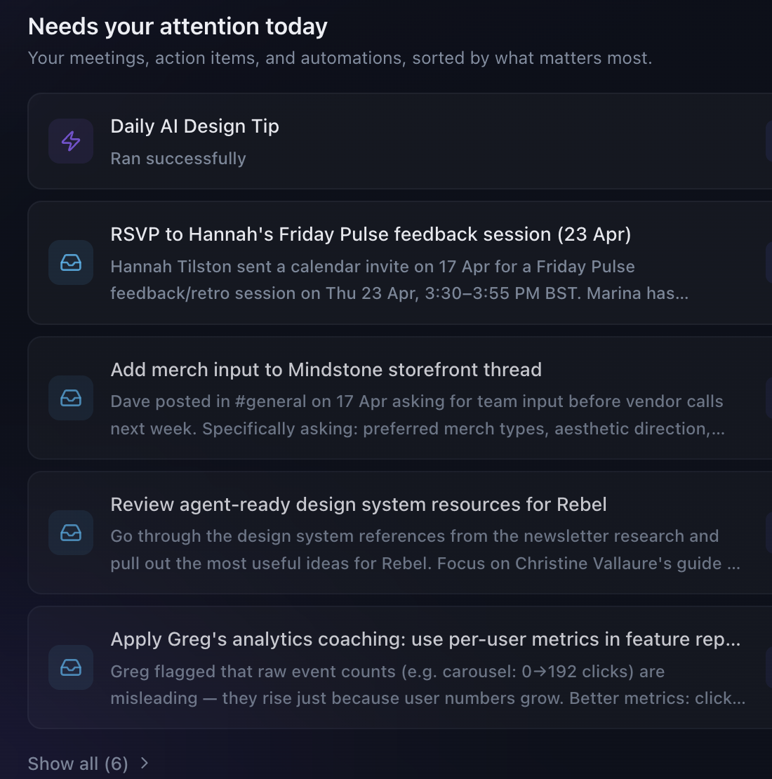 Needs your attention today: a five-item triaged list with priority and clear Review CTAs