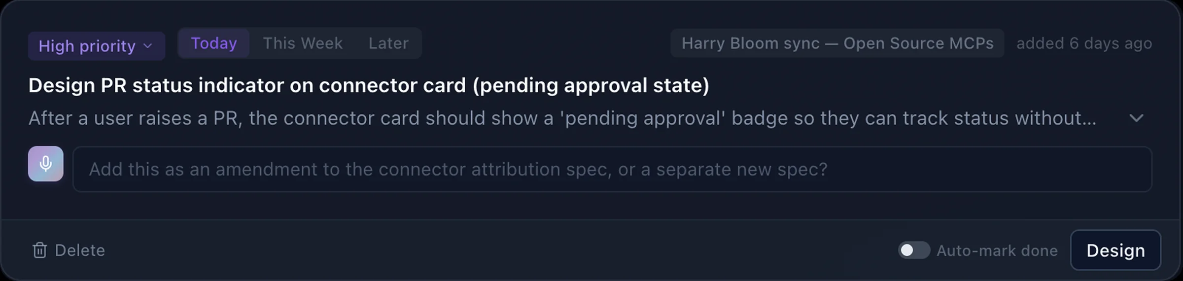 Action card asking whether a connector PR status indicator should be added as an amendment or new spec