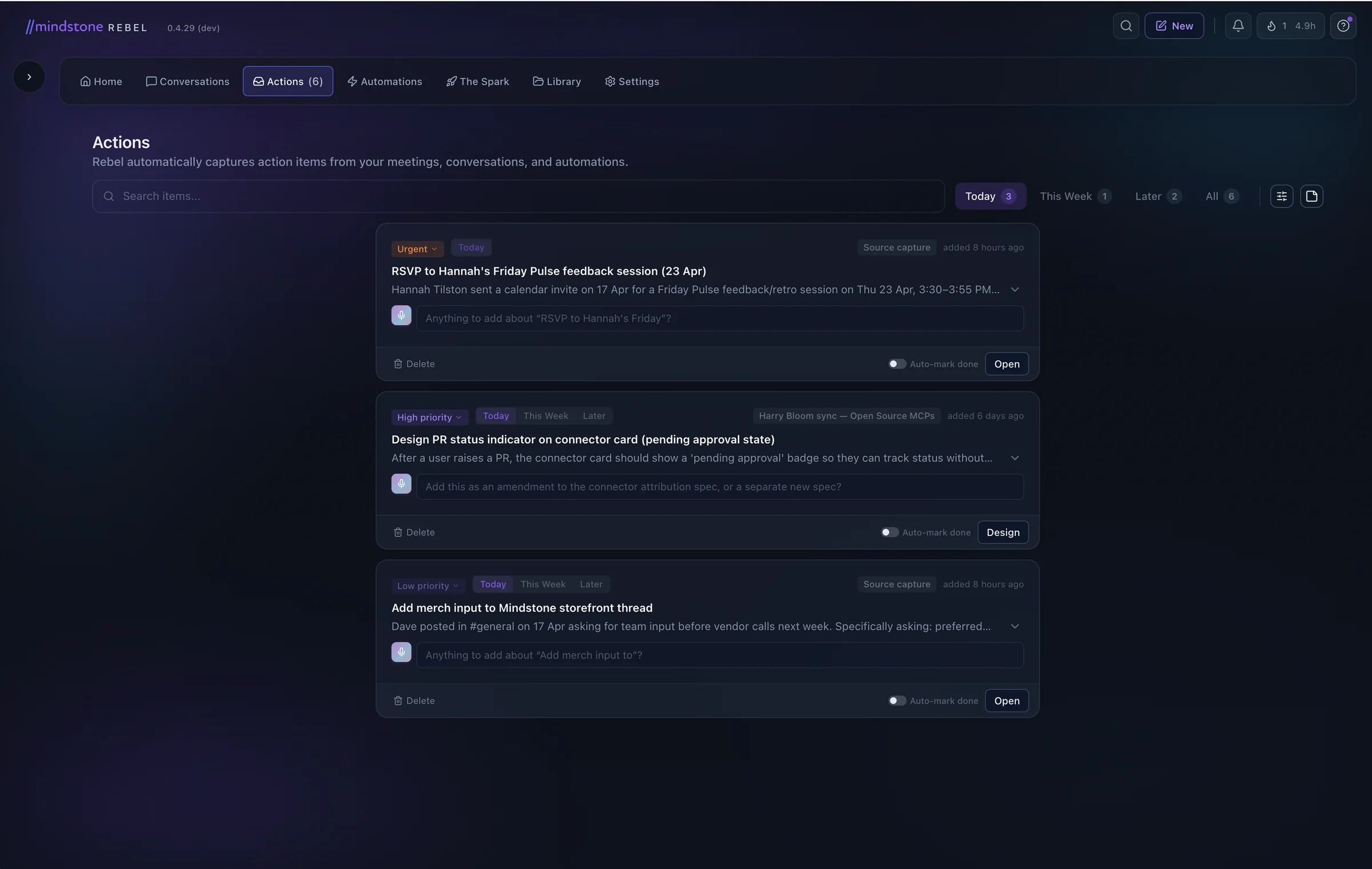 Actions surface: RSVP with Urgent tag, Design PR with High priority and references plus Rebel's input request, and a lower-priority merch thread, with temporal tabs across the top