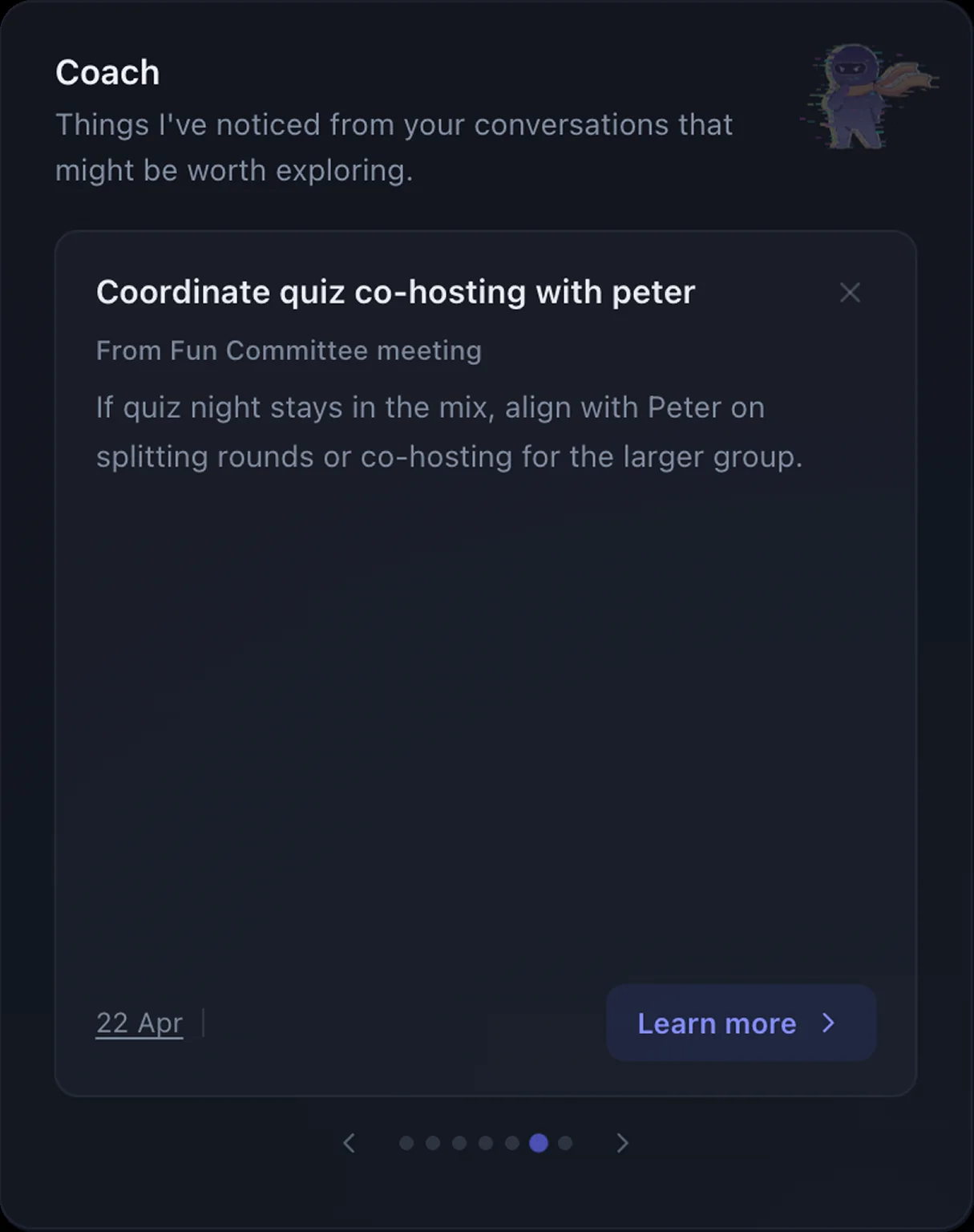 Coach widget: 'Start a decision log' suggestion with a 'Try this' button