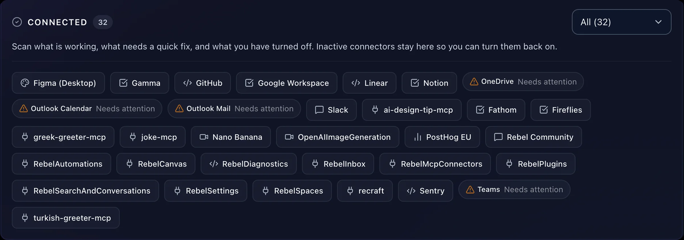 Rebel connectors grid showing connected tools and connectors that need attention