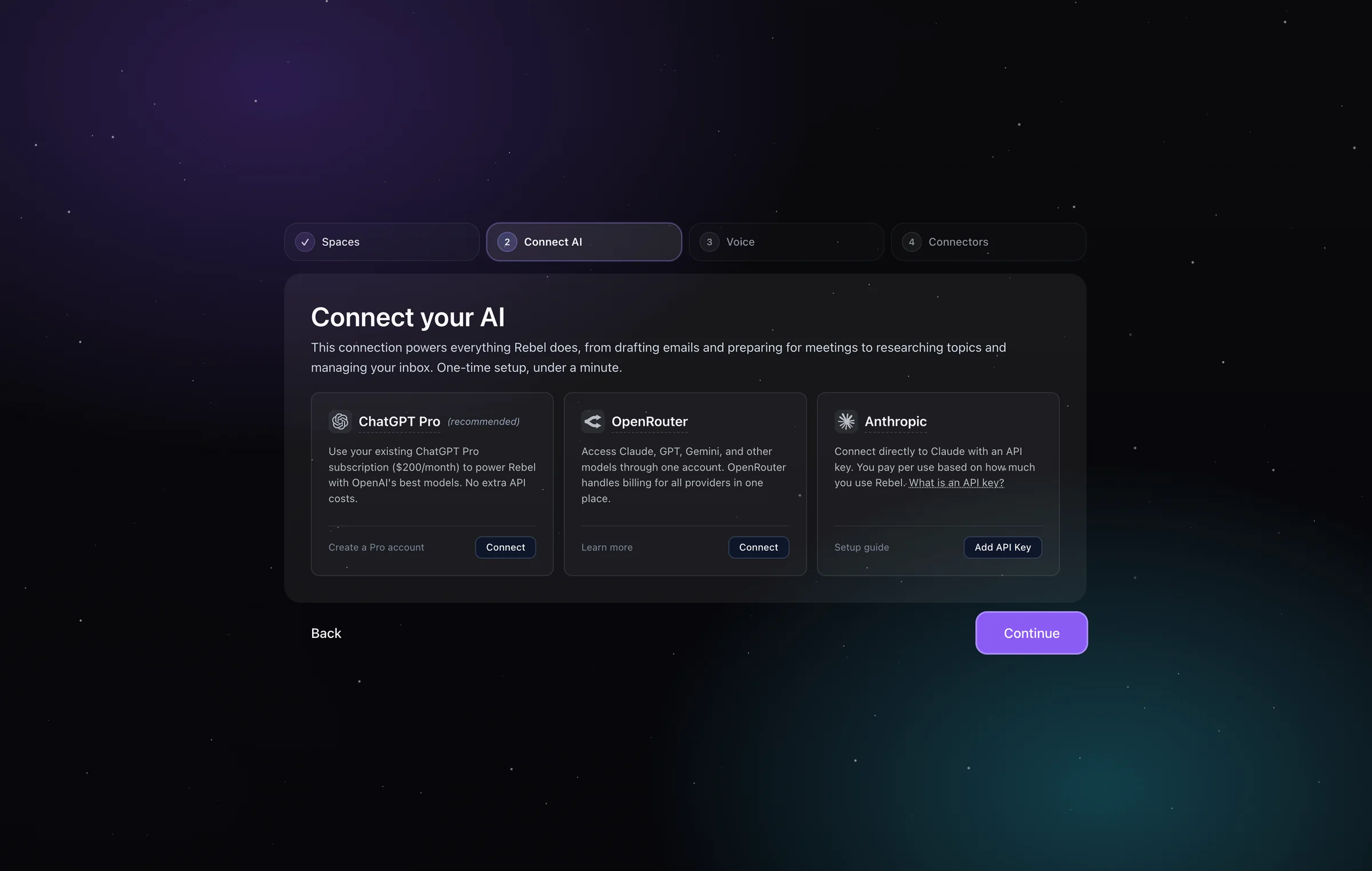 Connect your AI onboarding step with ChatGPT Pro, OpenRouter, and Anthropic options