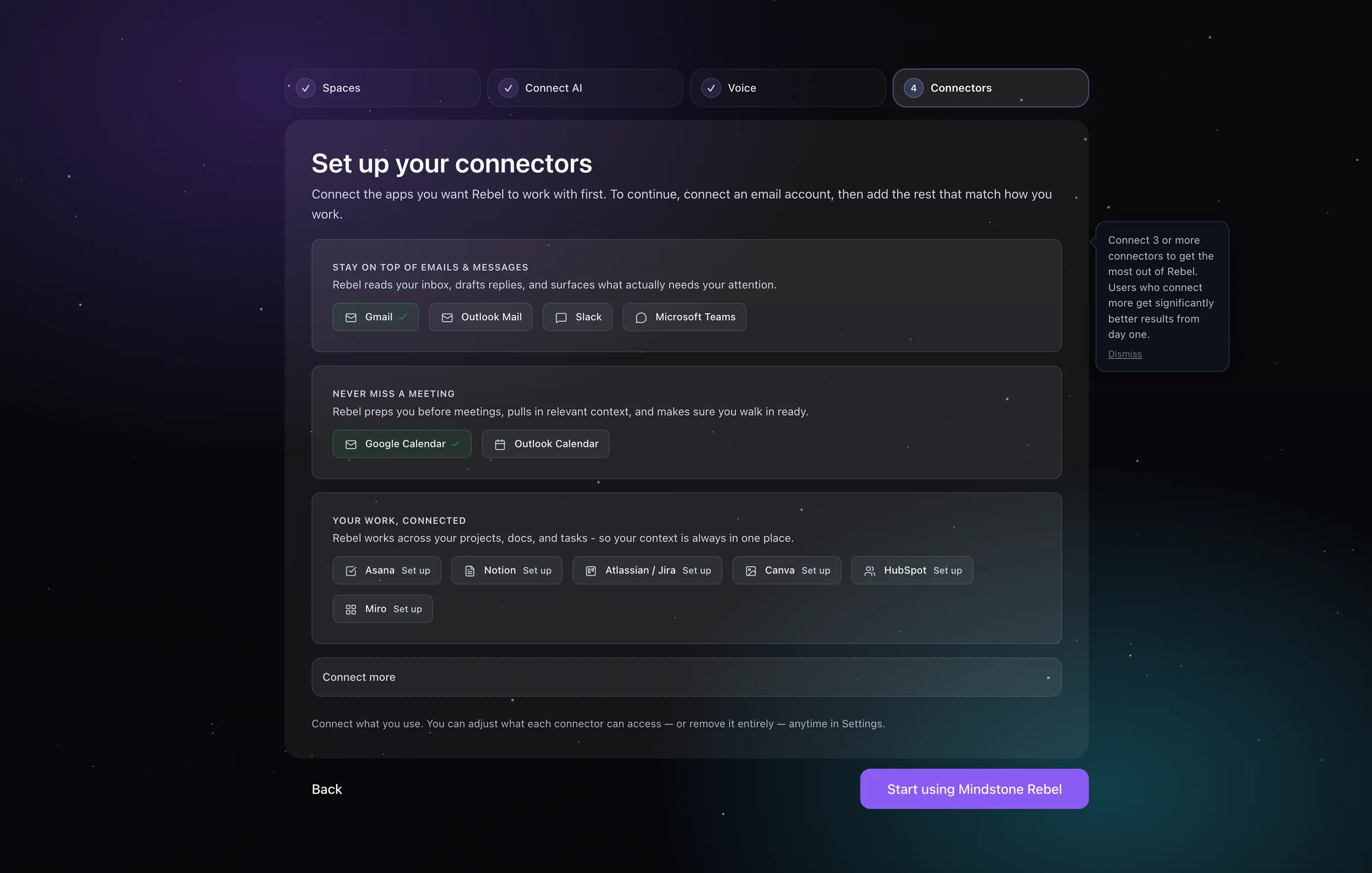 Set up your connectors onboarding step grouped by email, meetings, and work context