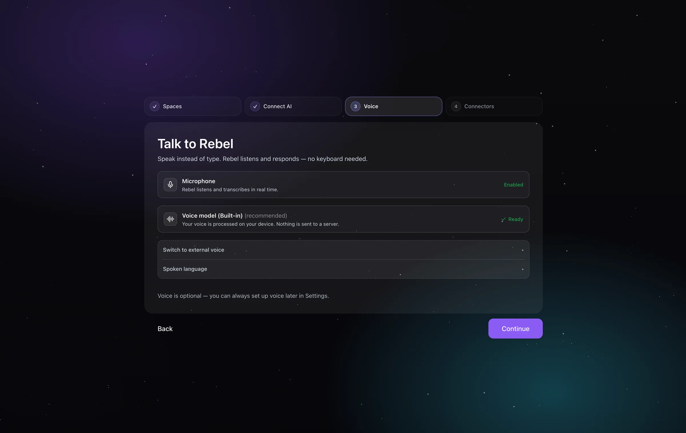 Talk to Rebel onboarding step with microphone, built-in voice model, and spoken language controls