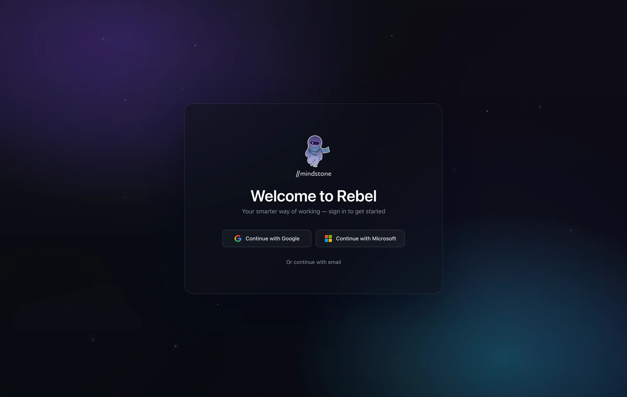 Welcome to Rebel sign-in screen with Google and Microsoft options